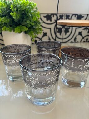 Vintage BronzeVerre Moroccan Hand Decorated Set of 4 Whiskey Glasses Black Clear